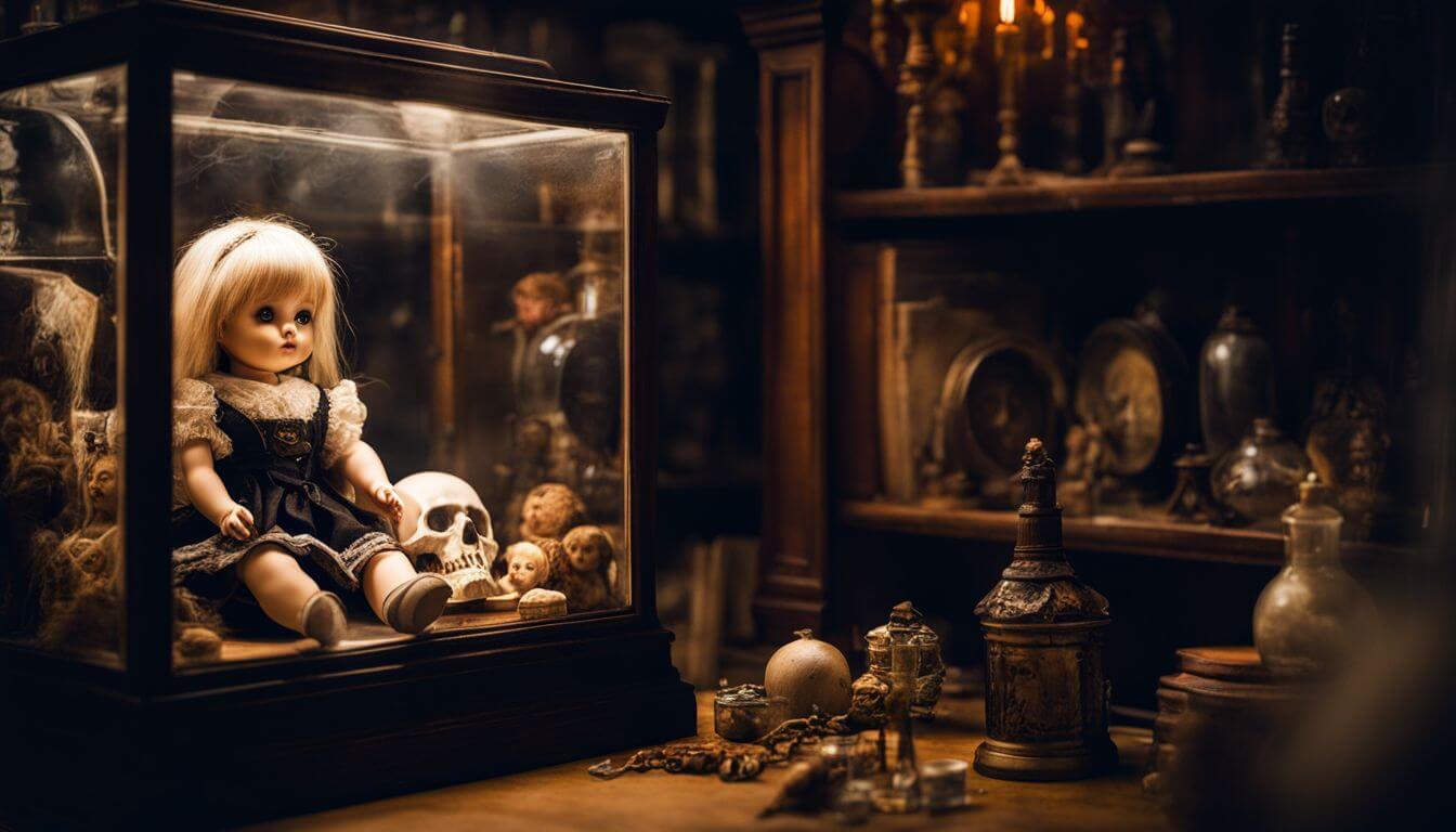 A spooky doll surrounded by occult artifacts in a glass case.