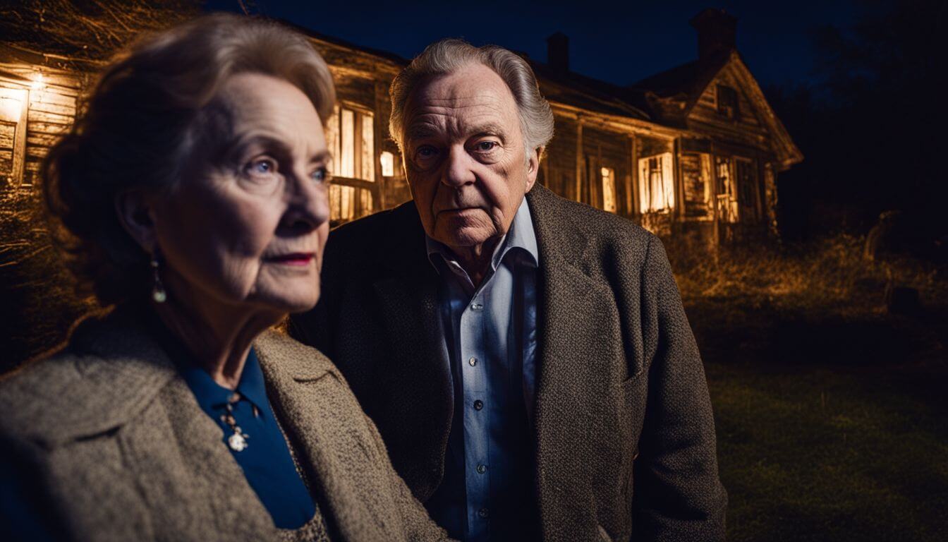 Ed and Lorraine Warren investigating a haunted house at night.