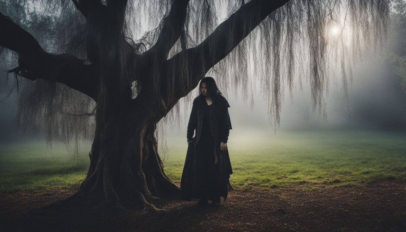A creepy figure standing near a weeping willow tree in the mist.