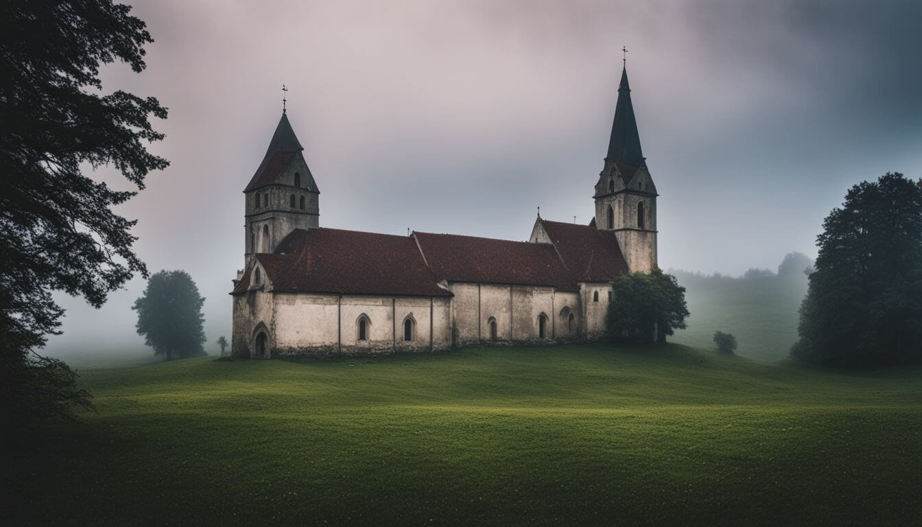 A creepy old abbey in the misty Romanian countryside with diverse people.